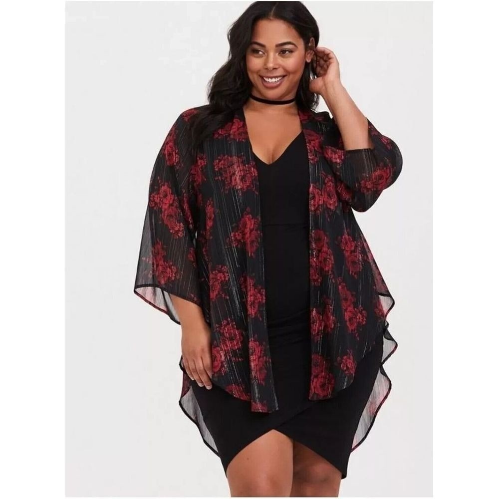 Torrid Chiffon Kimono Plus Size 1X 2X Floral Black Fairy Whimsigoth Shimmer Vamp